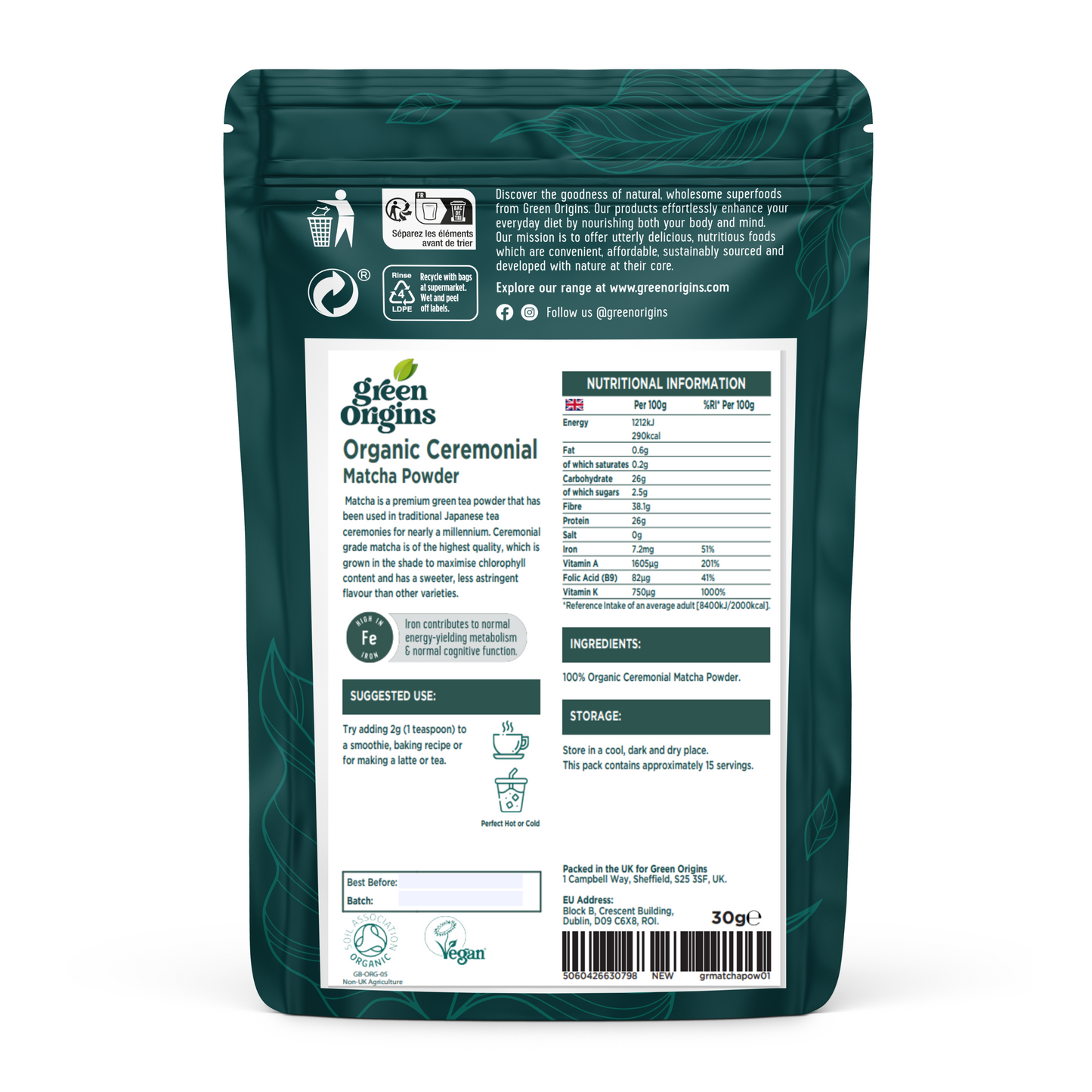 Green Origins Matcha Green Tea Powder (Ceremonial) 30g Organic