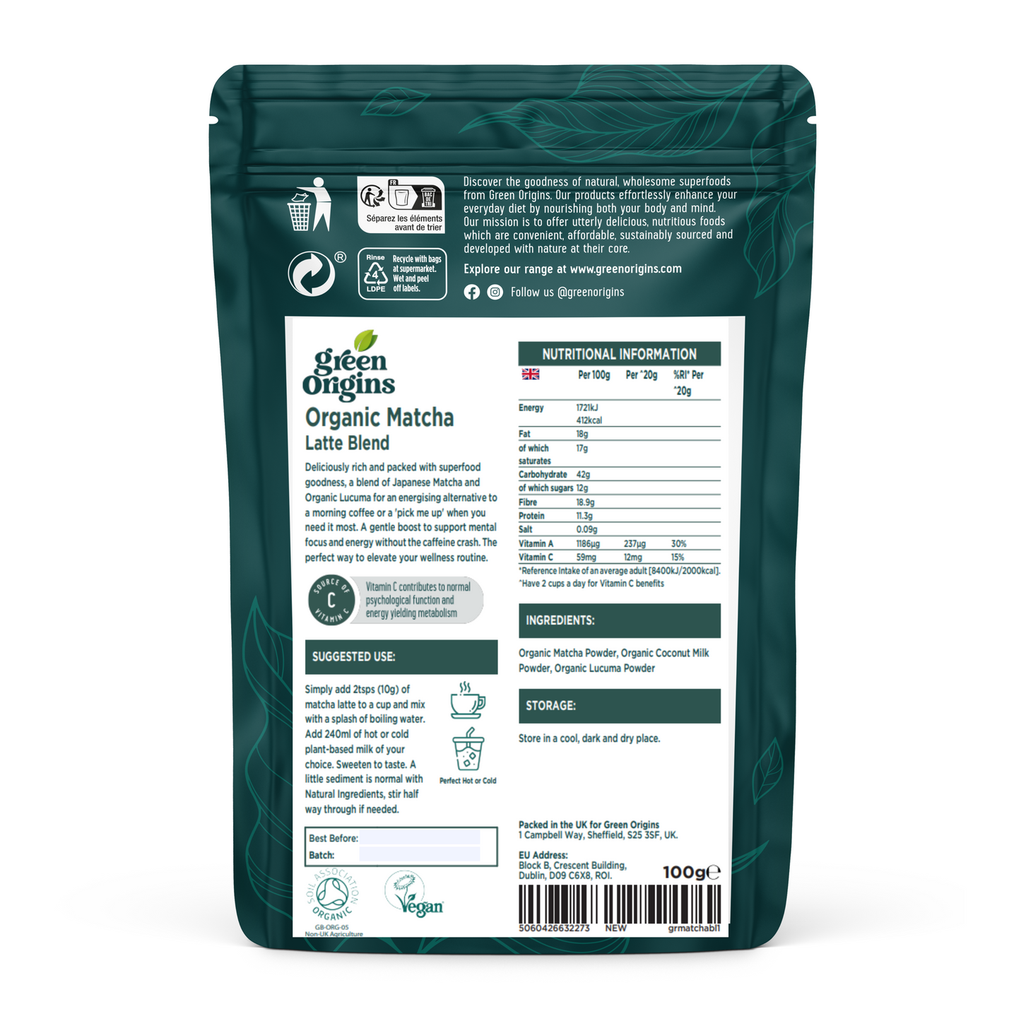 Green Origins Matcha Latte 100g Organic Vegan