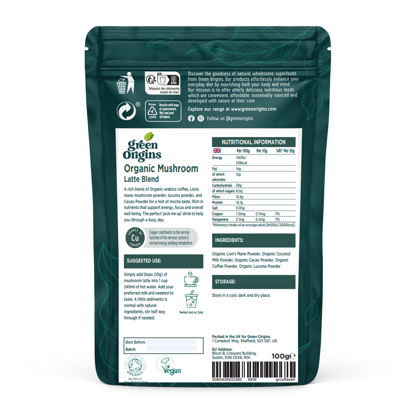 Green Origins Mushroom Latte 100g Organic Vegan