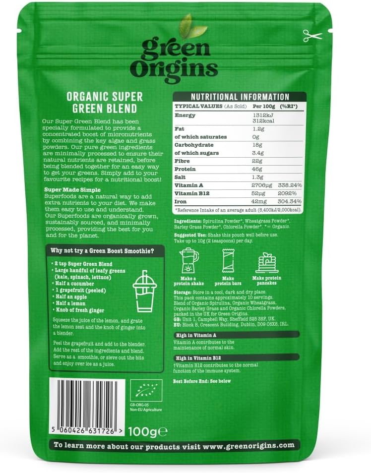 Green Origins 4 Super Greens Blend 100g Organic
