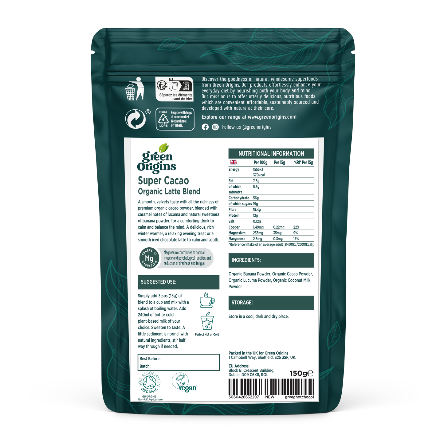 Green Origins Super Cacao latte 150g Organic Vegan