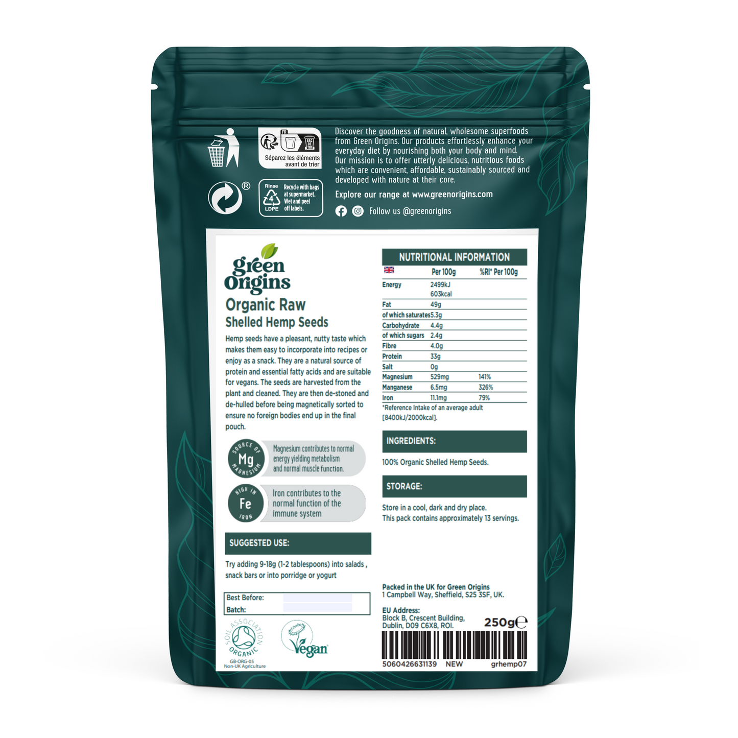 Green Origins Shelled Hemp Seeds 250g Organic