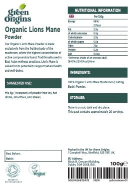 Green Origins Lions Mane Powder 100g Organic